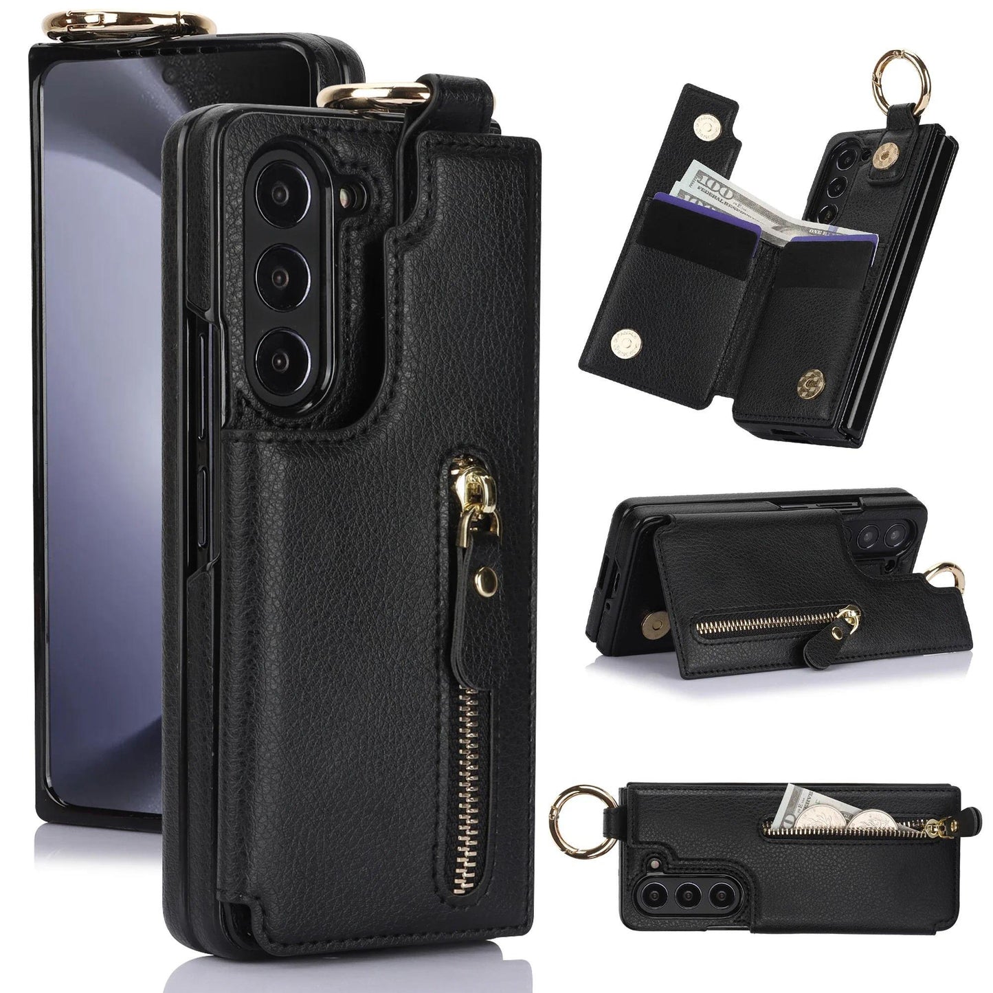 Folding Card Bag Finger Ring Leather Stand Case for Samsung Galaxy Z Fold 3 4 5 6 5G ZFold6 Zipper Wallet  Business ZFold5 Cover