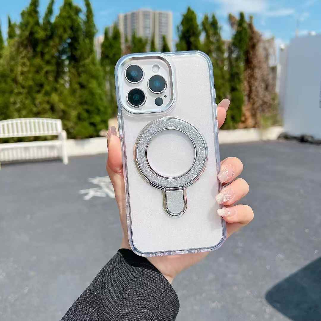 Glitter Strong Magnetic Kickstand For Magsafe Phone Case For iPhone 16 15 14 13 12 11 Pro Max Plus Metal Frame Acrylic Shockproof Hard Cover