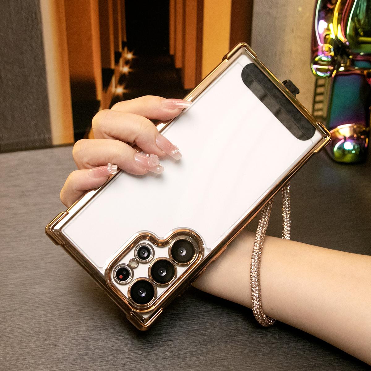 Electroplated Four Corners Anti-fall Transparent Hard PC Phone Case With Rhinestone Wristband For Samsung S24 Ultra S23FE S22 S22 Note20 Ultra , Full Cover with Camera Protector