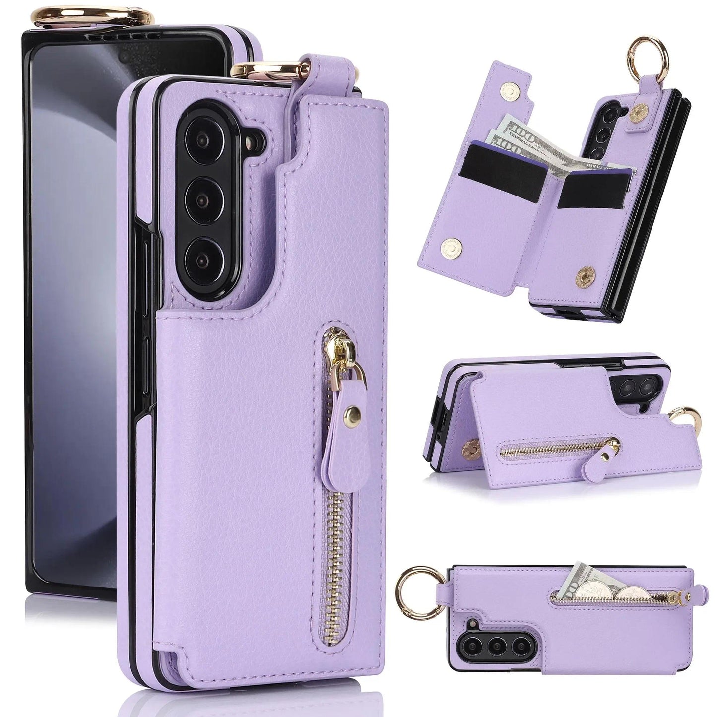 Folding Card Bag Finger Ring Leather Stand Case for Samsung Galaxy Z Fold 3 4 5 6 5G ZFold6 Zipper Wallet  Business ZFold5 Cover