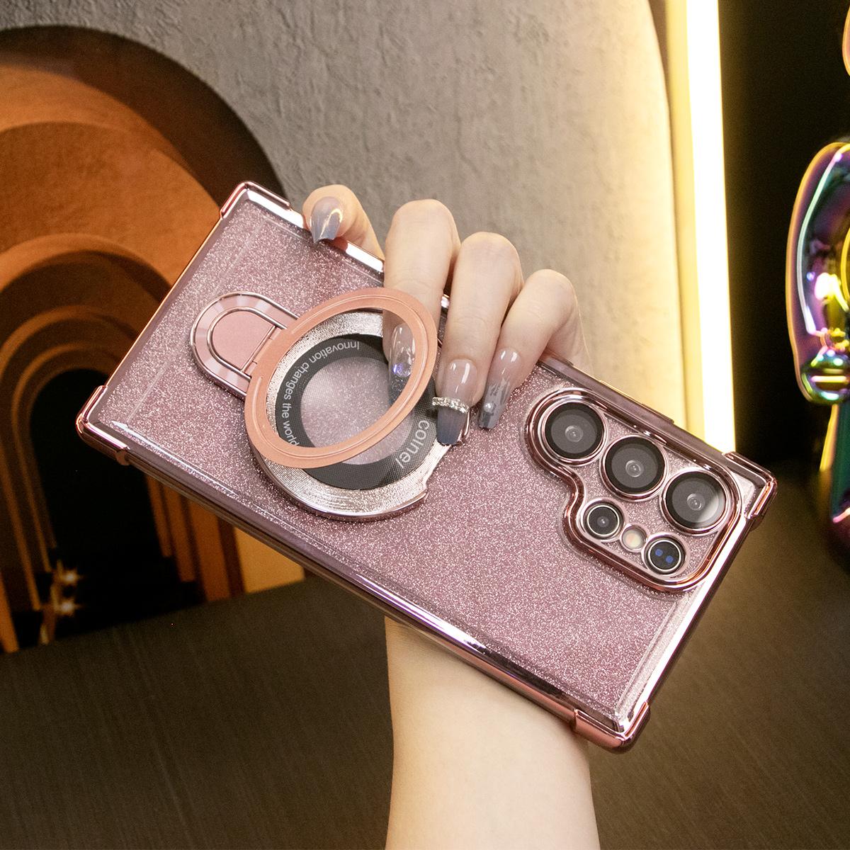 Luxury Glitter Plating Four Corners Shockproof Clear Case With Magnetic Stand For Samsung S25 S24 S23 S22 S21 Note20 Transparent Hard Acrylic Hybrid Bumper Armor Cover