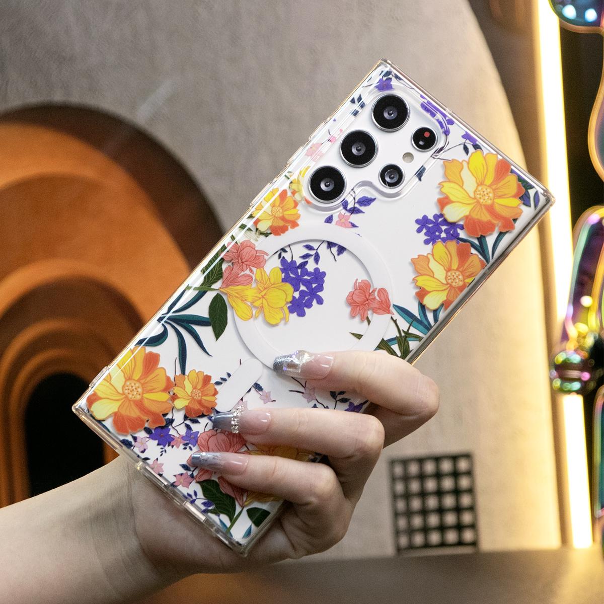 For Samsung S24 S23 S22 S21 Note20 Ultra Case, Clear Flower Magnetic, Glitter Luxury Elegant Case Camera Protection Shockproof Hard Cover