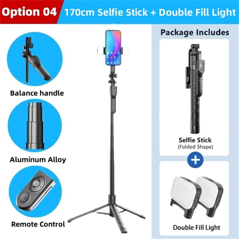 Perche à selfie sans fil 1750 mm, trépied pliable, monopode avec lumière LED pour smartphones, prise de vue stable et équilibrée en direct