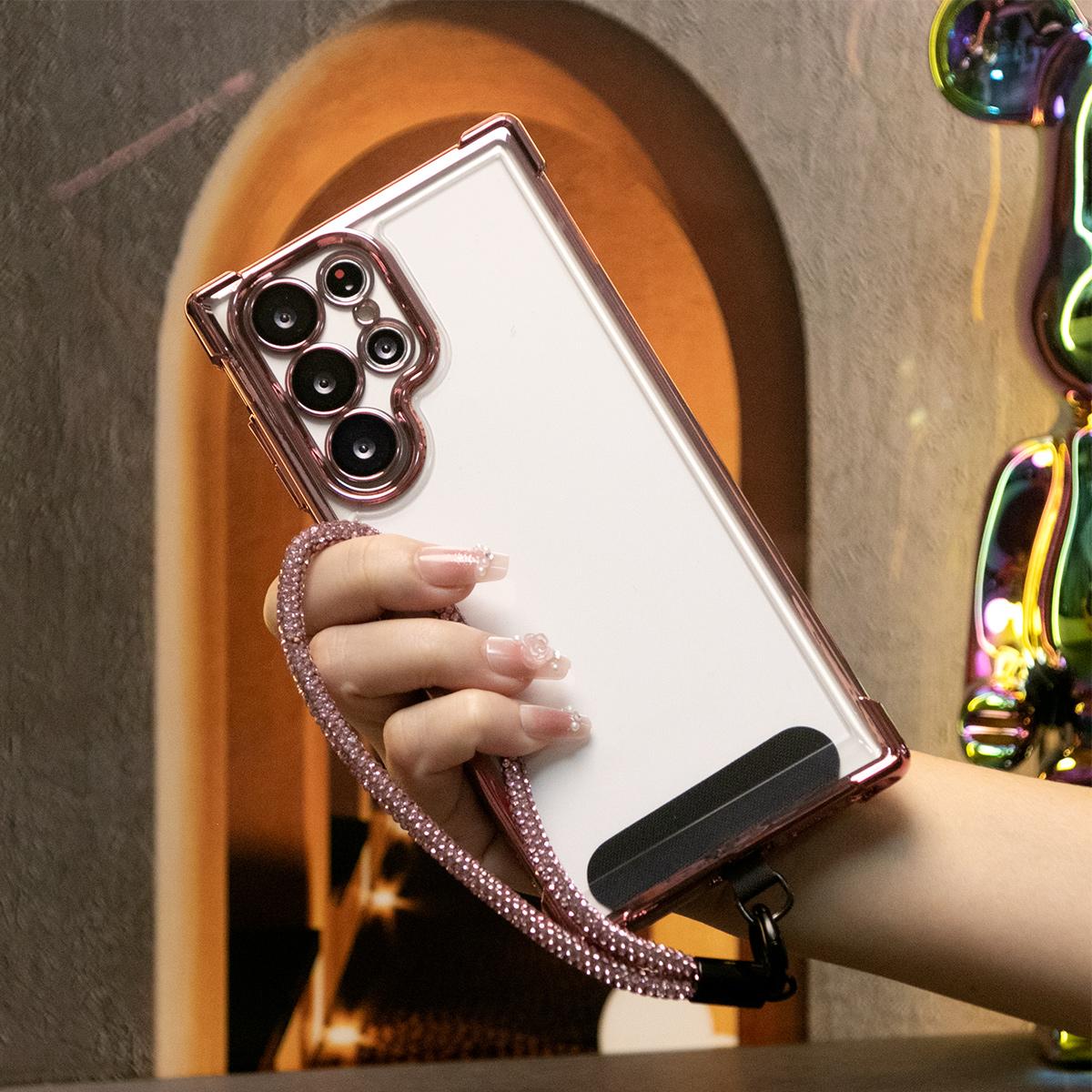 Electroplated Four Corners Anti-fall Transparent Hard PC Phone Case With Rhinestone Wristband For Samsung S24 Ultra S23FE S22 S22 Note20 Ultra , Full Cover with Camera Protector