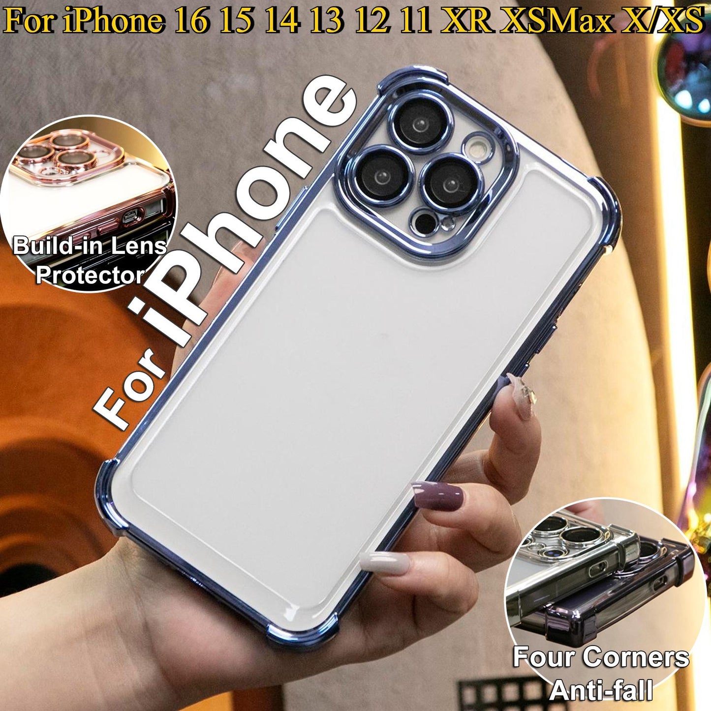 Luxury Plating Four Corners Shockproof Clear Case For iPhone 16 15 14 13 12 11 XR XSMax X/XS Transparent Built-in Camera Protector Hard Acrylic Bumper Armor Full Cover