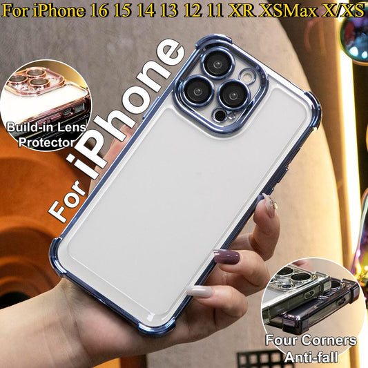 Luxury Plating Four Corners Shockproof Clear Case For iPhone 16 15 14 13 12 11 XR XSMax X/XS Transparent Built-in Camera Protector Hard Acrylic Bumper Armor Full Cover
