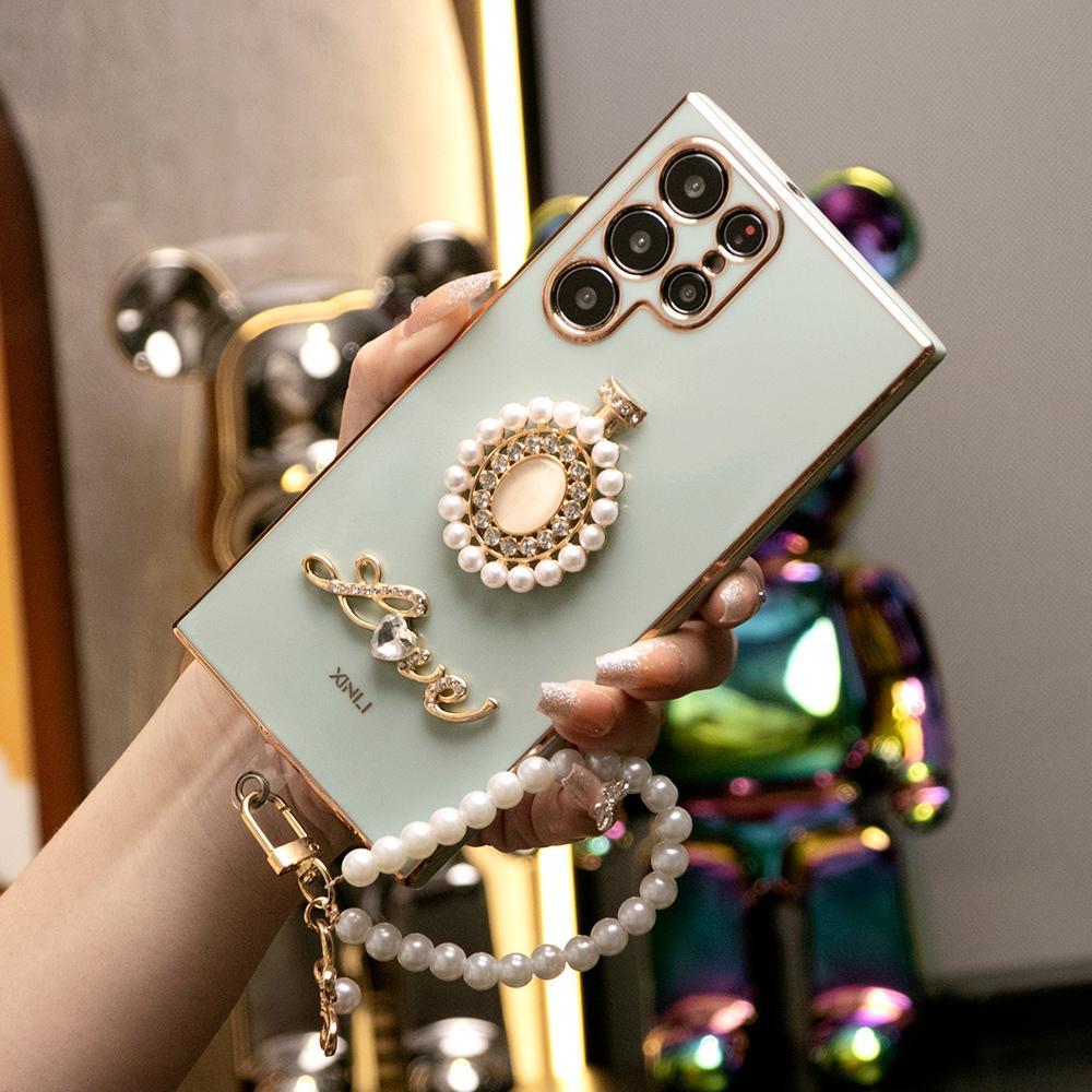 Pearl Perfume Bottle with Chain Plating Soft Phone Case for Samsung A13 A14 A15 A23 A24 A25 A33 A34 A35 A52 A53 A54 A55 A72 A73
