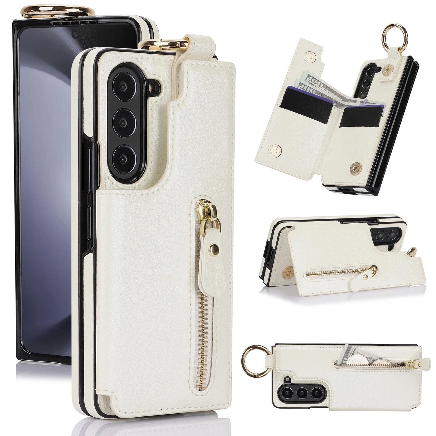 Folding Card Bag Finger Ring Leather Stand Case for Samsung Galaxy Z Fold 3 4 5 6 5G ZFold6 Zipper Wallet  Business ZFold5 Cover
