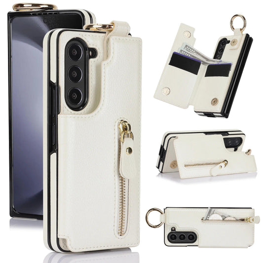 Folding Card Bag Finger Ring Leather Stand Case for Samsung Galaxy Z Fold 3 4 5 6 5G ZFold6 Zipper Wallet  Business ZFold5 Cover