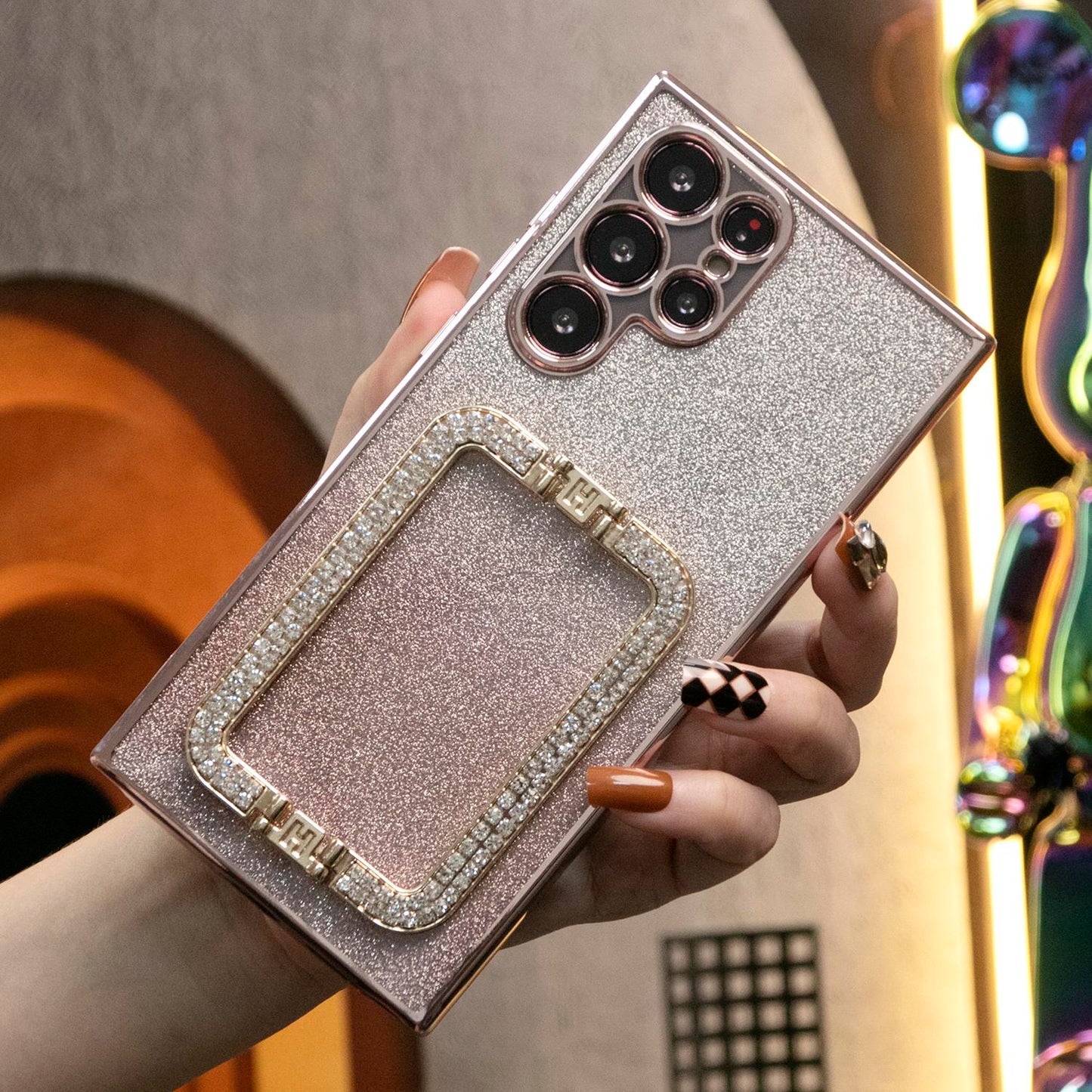 Luxury Diamond 3D Crystal Square Holder Glitter Clear Gradient TPU Plating Shockproof Soft Phone Case For Samsung S24Ultra S24FE S24 S23 S22 S21 FE Plus Ultra