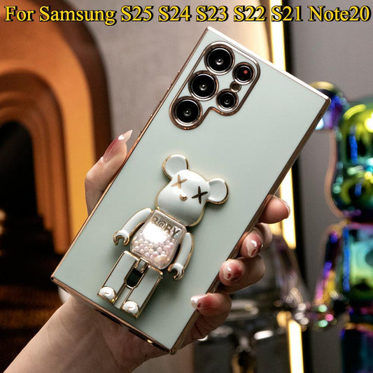 Plating Candy Bear Stand Phone Case For Samsung S25 S24 S23 S22 S21 Note20