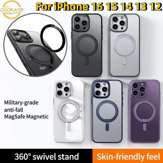 For iPhone 16 15 14 13 12 Pro Max, 360 Degree Rotation Kickstand Holder Matte Magnetic Luxury PC Anti-Fall Shockproof Hard Phone Case Wireless Charging Full Cover