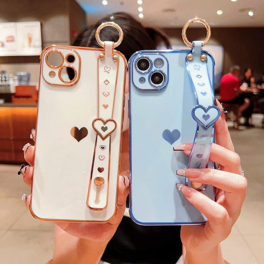 Plating Love Heart TPU Phone Case with Wristband For iPhone 16ProMax 15 14 13 12 Shockproof Soft Full Cover