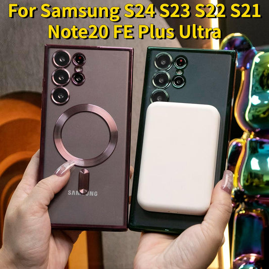 For Samsung S24Ultra S24FE S24 S23 S22 S21 Note20 Ultra Case, Transparent Magnetic, Plating Magnetic Wireless Charge Soft Case Camera Protection Shockproof Cover