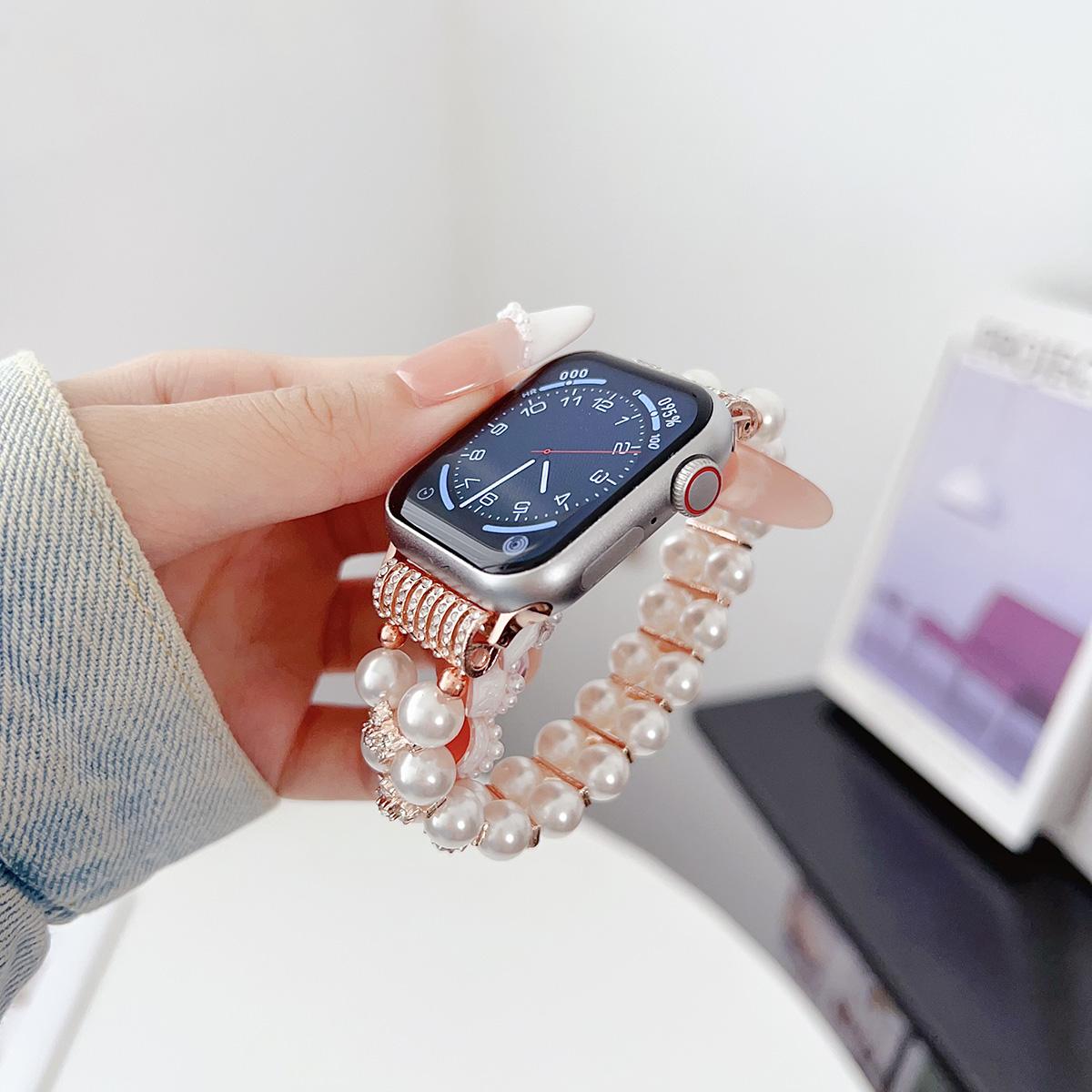 Dual Raw Pearl Chain Strap for Apple Watch 44mm Band 45 42 38 41 Ultra 49mm Link Bracelet for IWatch Series 9 8 7 6 SE 5 4
