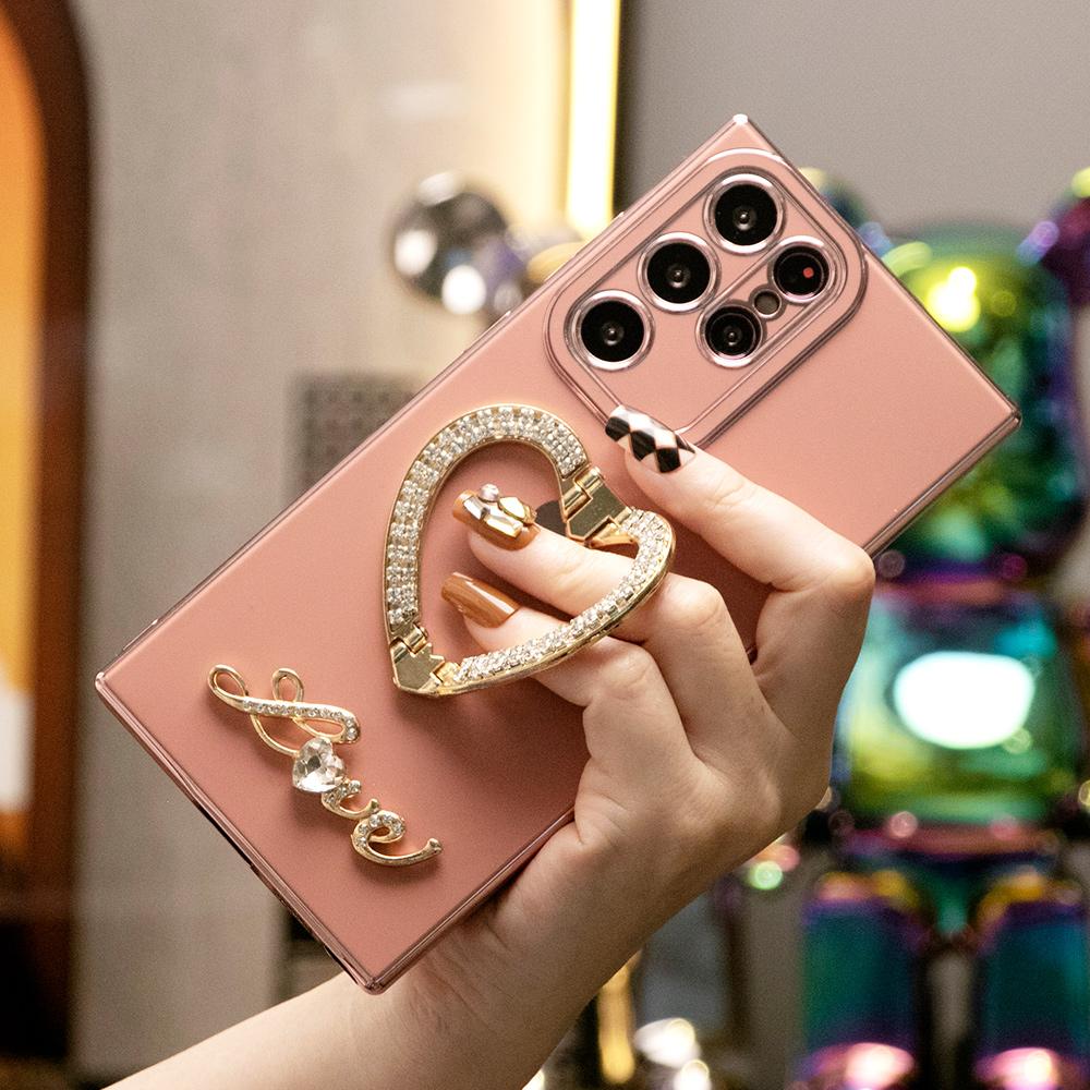 Luxury Rhinestone Love Heart Holder Plating Phone Case For Samsung S25 S24 S23 S22 S21 A16 A15 A25 A35 A55