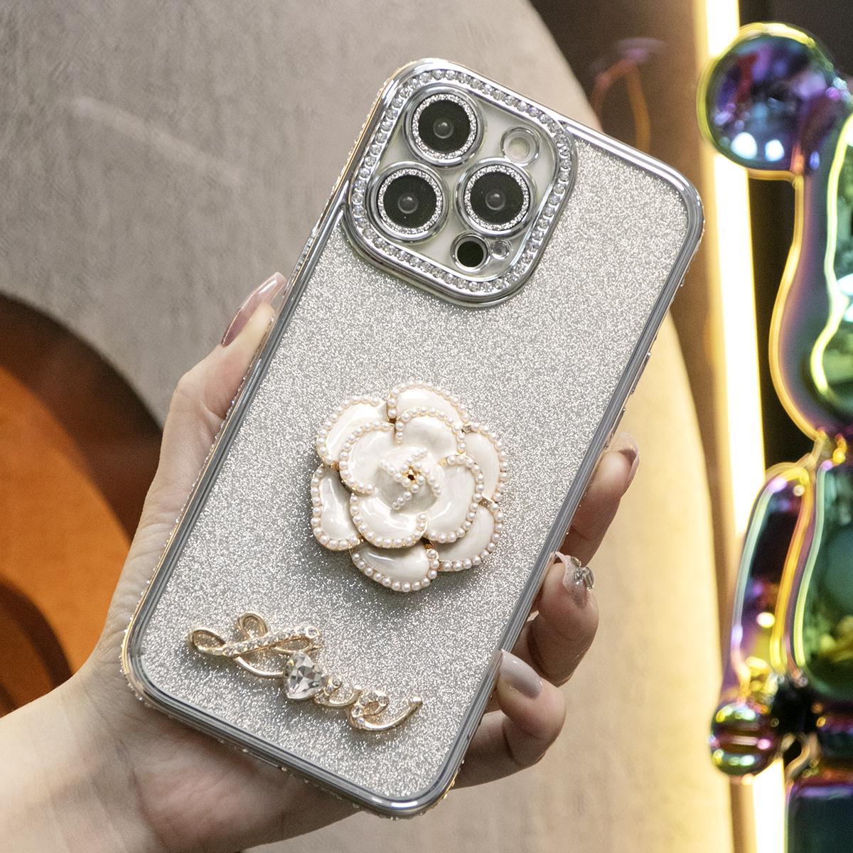 Plating Glitter Diamond Flower Love Phone Case For iPhone 16 15 14 13 12 11 Pro Max XR XS X XSMax