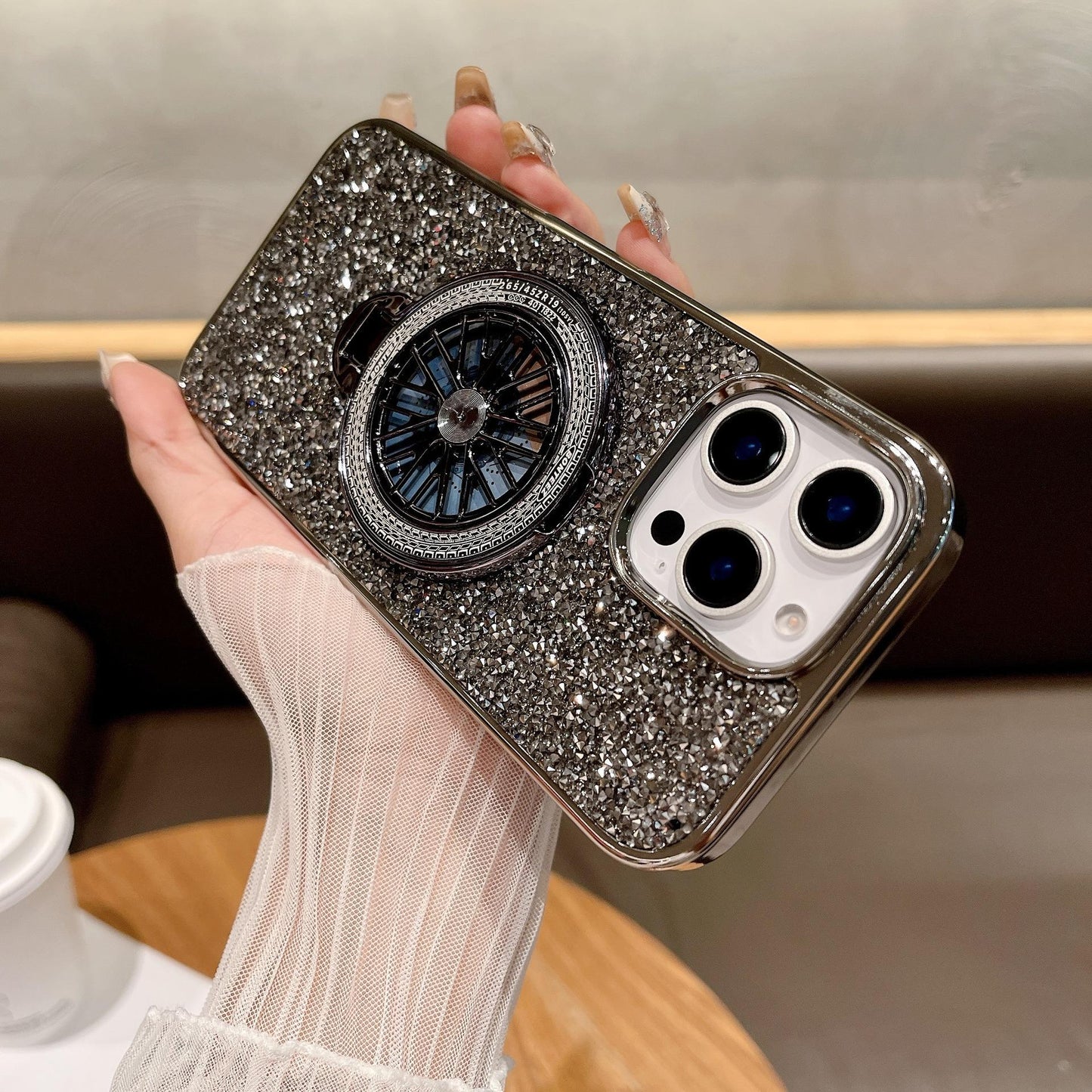 Luxury Rhinestone Glitter Plating Slim PC Phone Case with Gyro Kickstand For iPhone 16ProMax 15 14 13 Hard Full Cover