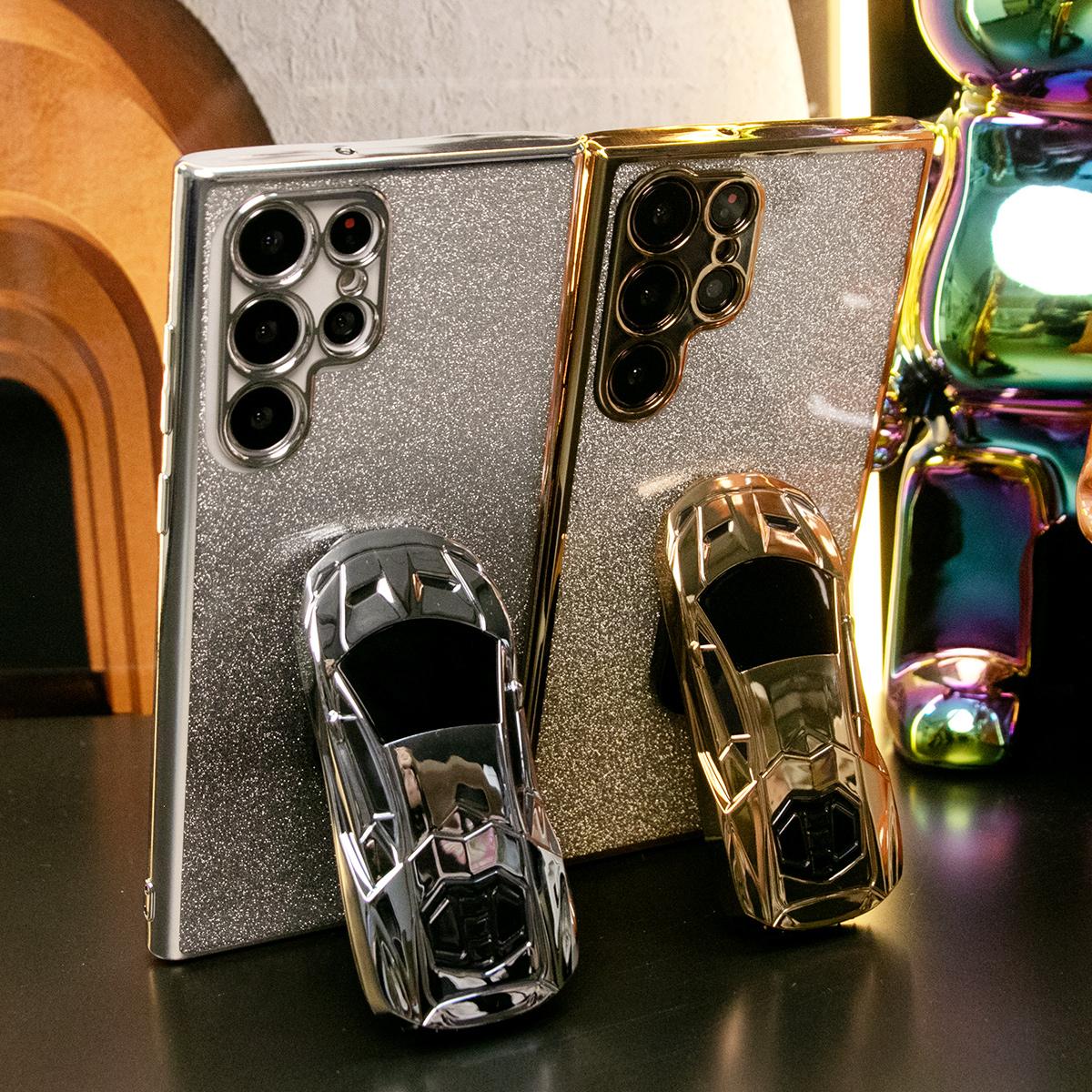 Luxury Cool Sports Car Holder Glitter Clear Gradient TPU Plating Shockproof Soft Phone Case For Samsung S24Ultra S24FE S24 S23 S22 S21 FE Plus Ultra