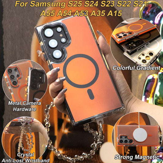 Laser Gradient Chameleon Strong Magnetic With Diamond Wristband Case For Samsung S25Ultra S25 S24 S23 S22 S21FE A06 A15 A16 A25 A35 A36 A53 A54 A55 Metal Frame Acrylic Shockproof Cover