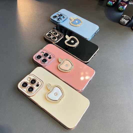 Luxury Love Heart Side Pattern RhinestoneApple Holder Plating Phone Case For iPhone 16ProMax 16 15 14 13 12 11 Pro Max X XR XS Max