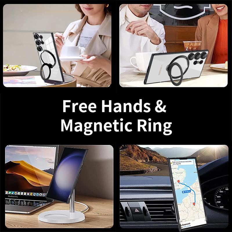 Clear Magnetic Kickstand Transparent Ring Case For Samsung S24 S23 S22 Ultra A54 A34 A14 with Lens Cover