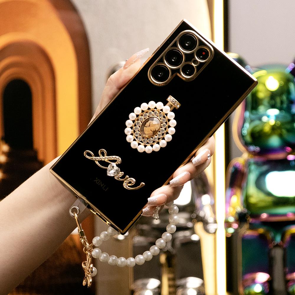Pearl Perfume Bottle Plus Pearl Chain Plating Phone Case For Samsung S24Ultra S24FE S23 S22 S21 FE Plus Ultra Note 20