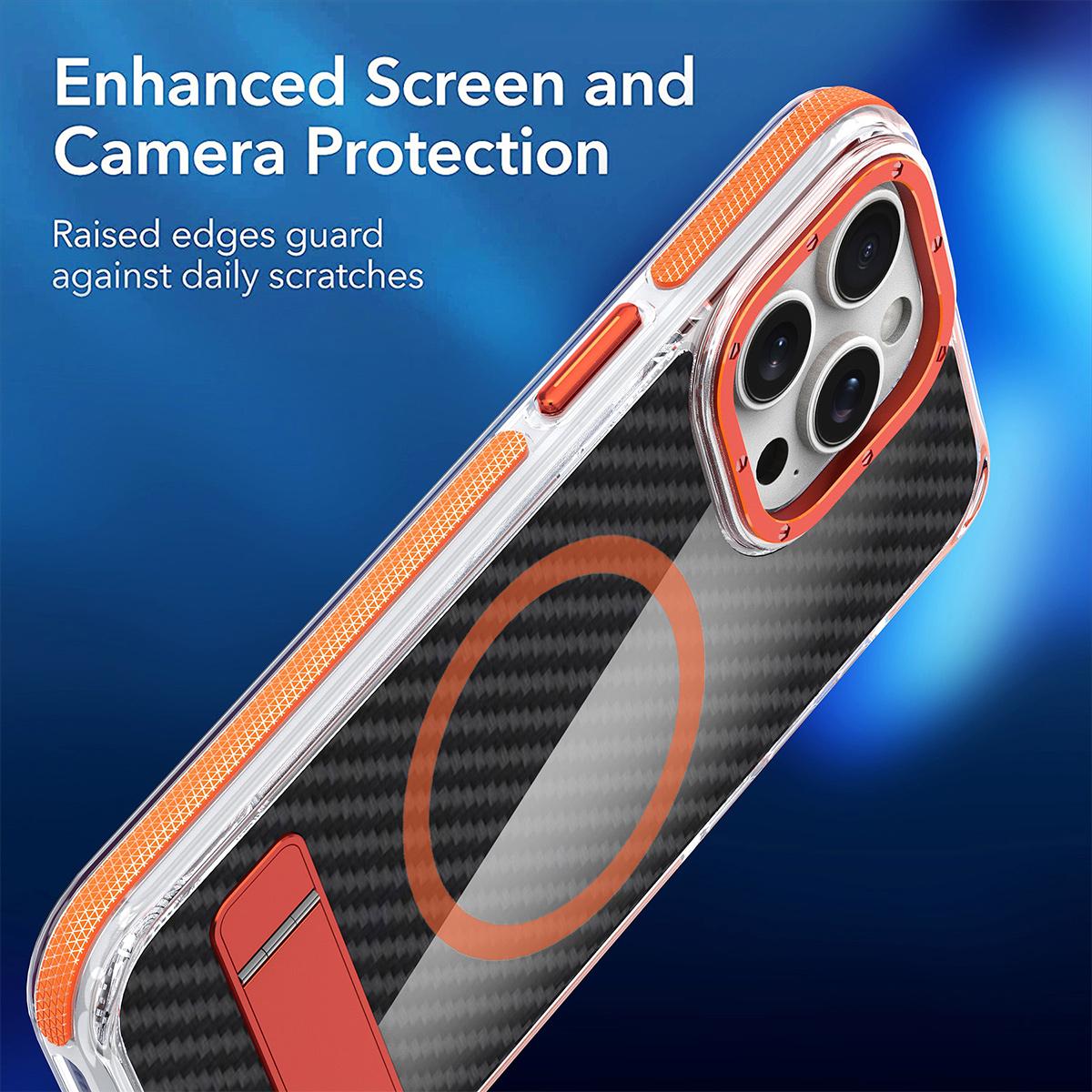 For iPhone 16 15 14 Pro Max Phone Case, Premium Strong Magnetic Carbon Fiber Metal Bracket Acrylic Clear Shockproof Anti-Fall Bumper for Magsafe Non-Yellowing Hard Full