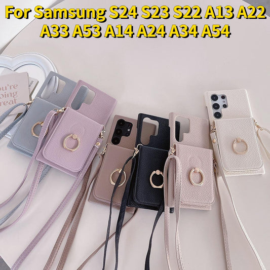 Wallet Case for Samsung Galaxy S24 S23 Ultra S22 Plus Card Holder Ring Mirror Wrist Strap Lanyard Handbag Crossbody Leather Cover for Samsung A13 A22 A33 A53 A14 A24 A34 A54