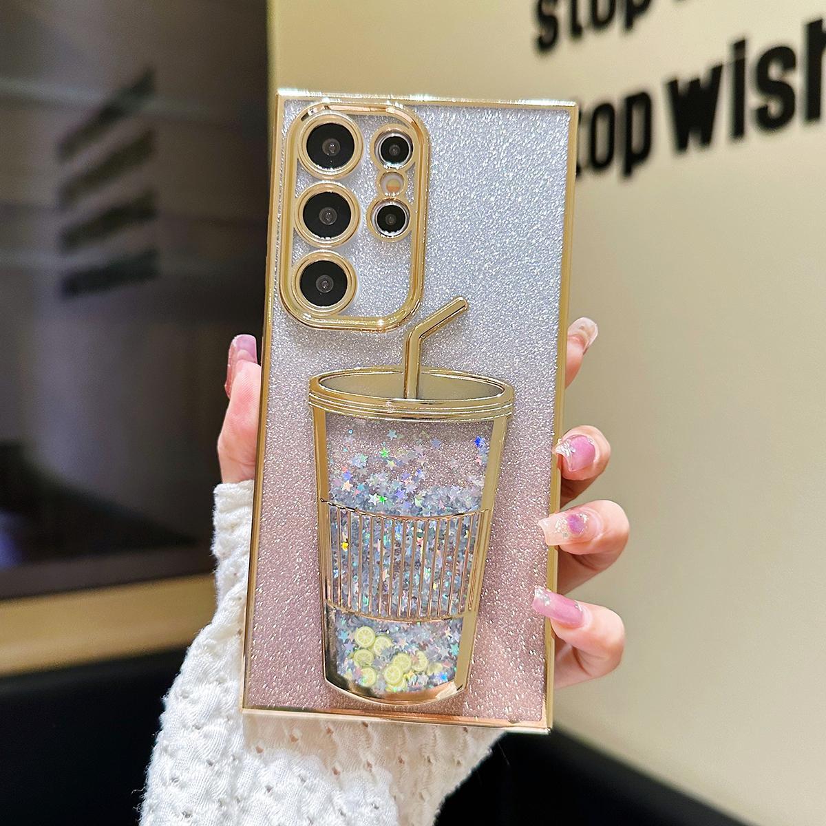 3D Bling Sparkle Plating Juice Bottle Designer Phone Case Compatible With Samsung S22 S23 S24 Ultra, Cute Liquid Floating Gradient Glitter Quicksand Cup Phone Case With Camera Protection Design For Women