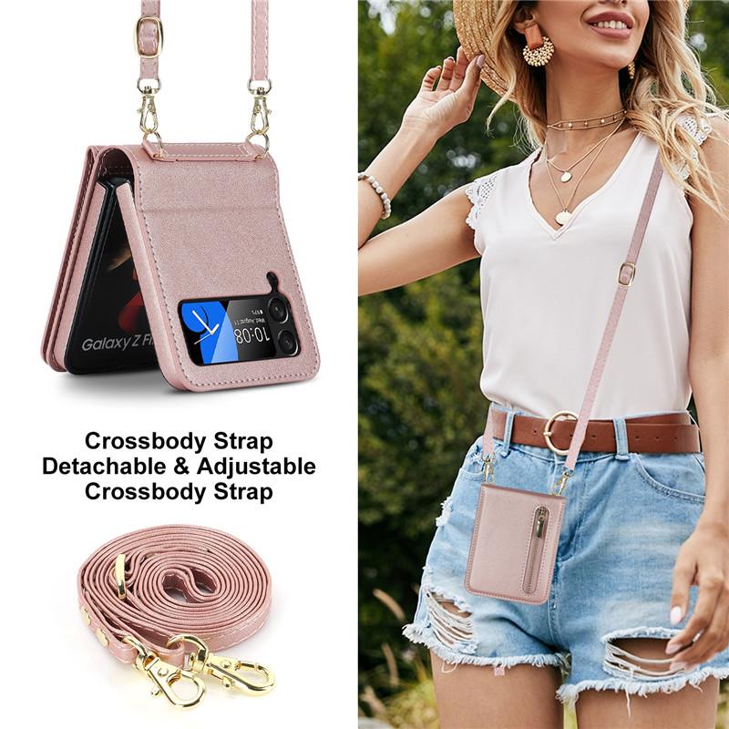 for Samsung Galaxy Z Flip 6 4 5 Z Flip 3 Case Luxury Card Slot Phone Holder Zipper Wallet Crossbody Cover Folding Case Coque