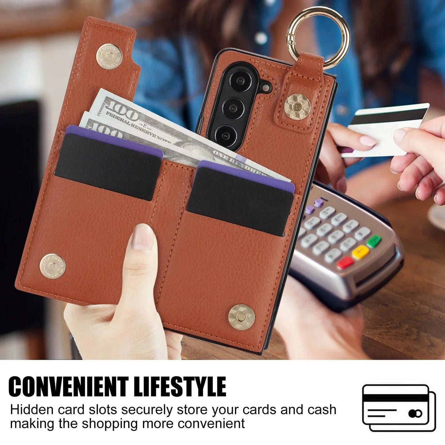 PU Leather Ring Phone Case for Samsung Galaxy Z Fold 6 5 4 3 Fold5 Fold4 Fold3 5G Wallet with Pen Holder & Card Slot (No Pen)