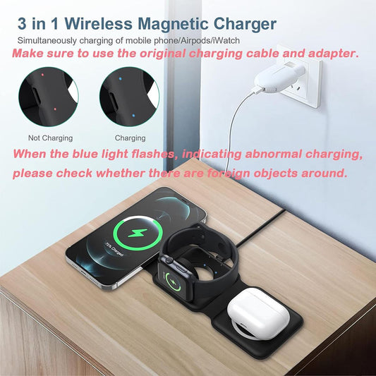 3 in 1 Foldable Wireless Charger, Magnetic Fast Wireless Charging, Compatible with iPhone 16 15 14 13 12 Series,  For Apple Watch, For AirPods Pro (Adapter not Included)