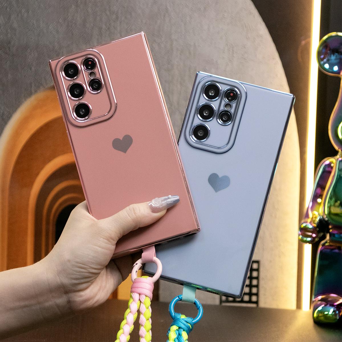 Luxury Love Heart Side Pattern Phone Case With Woven Wristband For Samsung S24 S23 S22 S21 FE Plus Ultra A13 A14 A15 A23 A24 A34 A35 A52
