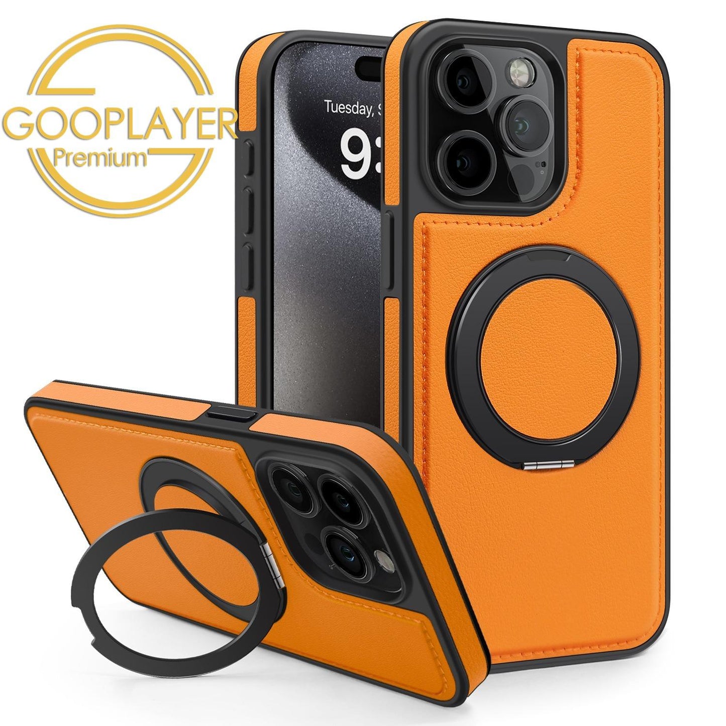 For iPhone 16 15 14 13 Pro Max Phone Case, Luxury Full Leather Case For Magsafe Support Wireless Charging Rotate Metal Magnetic Kickstand Back Hard Full Cover