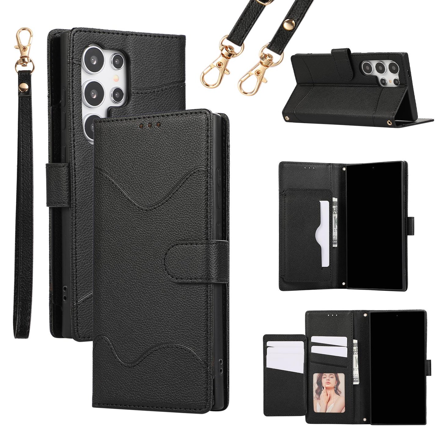 Wrist Strap Crossbody Wallet with Card Holder Phone Case for Samsung S24 Ultra S23 S22 S21 Plus PU Leather Shockproof Cover