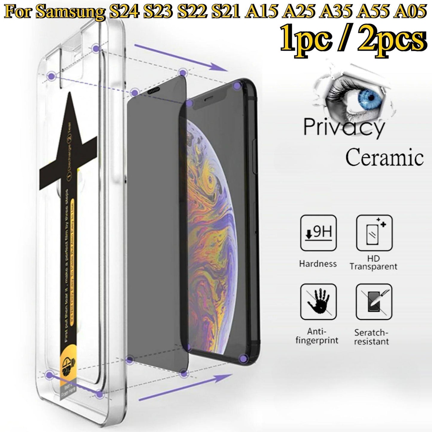 1pc / 2pcs High End Easy Installation Anti-spy Tempered Glass For Samsung S24Ultra S24FE S24 S23 S22 S21 A14 A15 A24 A25 A34 A35 A53 A54 A55 A05 A06 Privacy Screen Protector