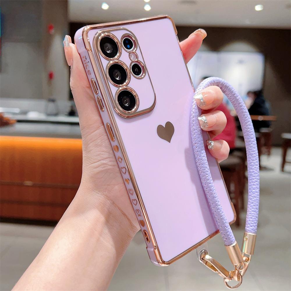 Plating Love Heart TPU Phone Case with Leather Wristband For Samsung S25Ultra S24 S23 S22 S21 Shockproof Soft Full Cover