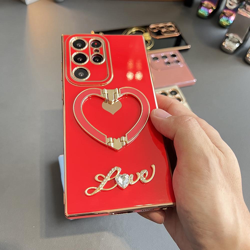 Luxury Love Heart Side Pattern Love Heart Holder Plating Phone Case For Samsung S24Ultra S24FE S24 S23 S22 S21Ultra FE Plus Ultra A55 A35 A25 A15