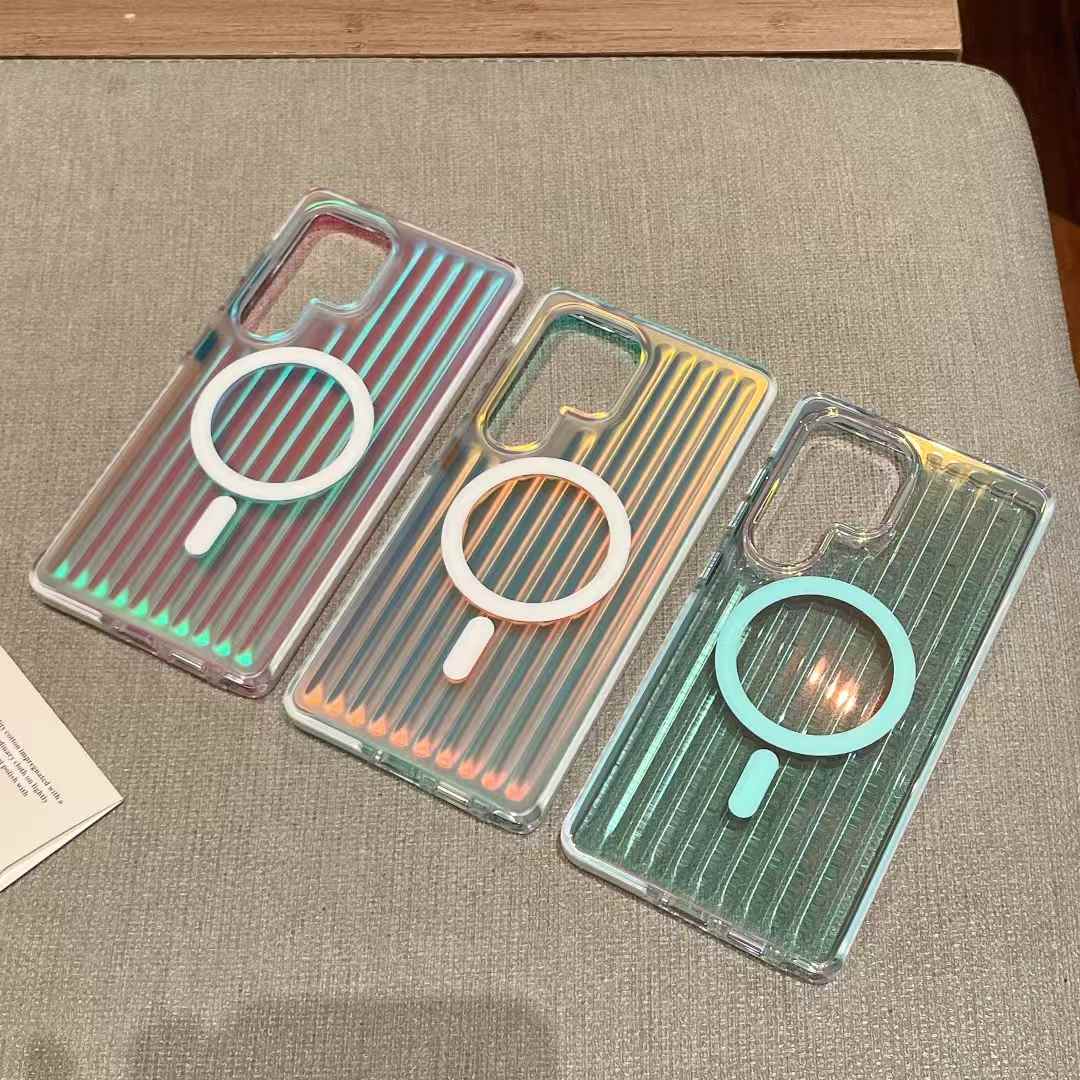 Transparent Gradient Corrugated Grille Suitcase Strong Magnetic Hard Polycarbonate Shockproof Phone Case with Bumper Strip for Samsung S25Ultra Matte Frozen Fog Full Cover