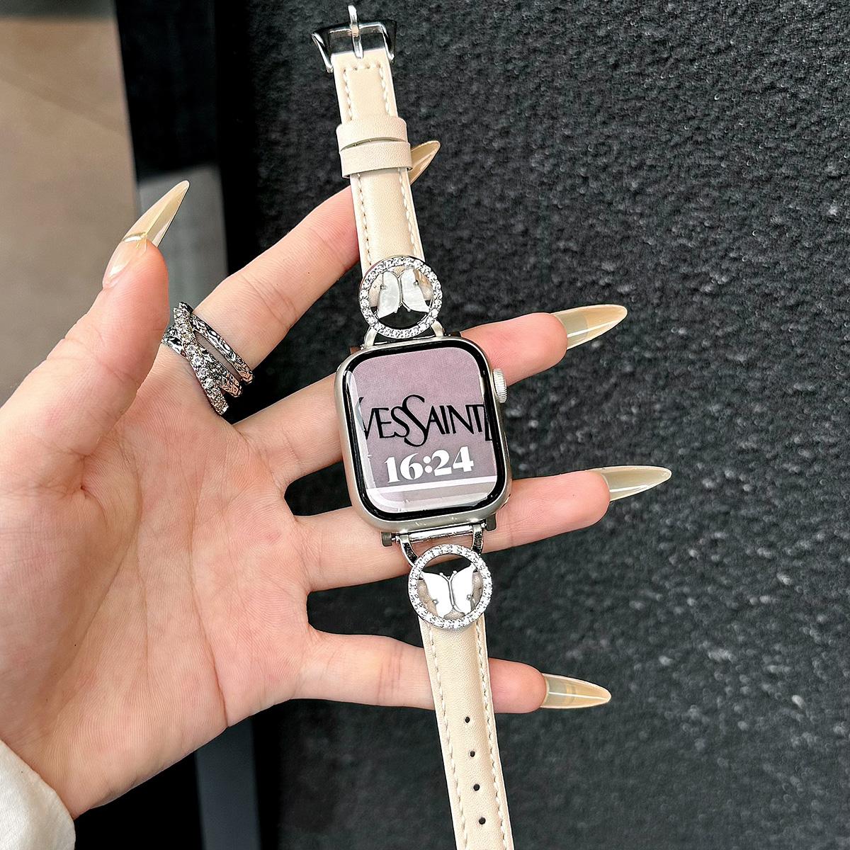 Bling Butterfly Stitching Leather Metal Strap for Apple Watch 44mm Band 45 42 38 41 Ultra 49mm Link Bracelet for IWatch Series 9 8 7 6 SE 5 4