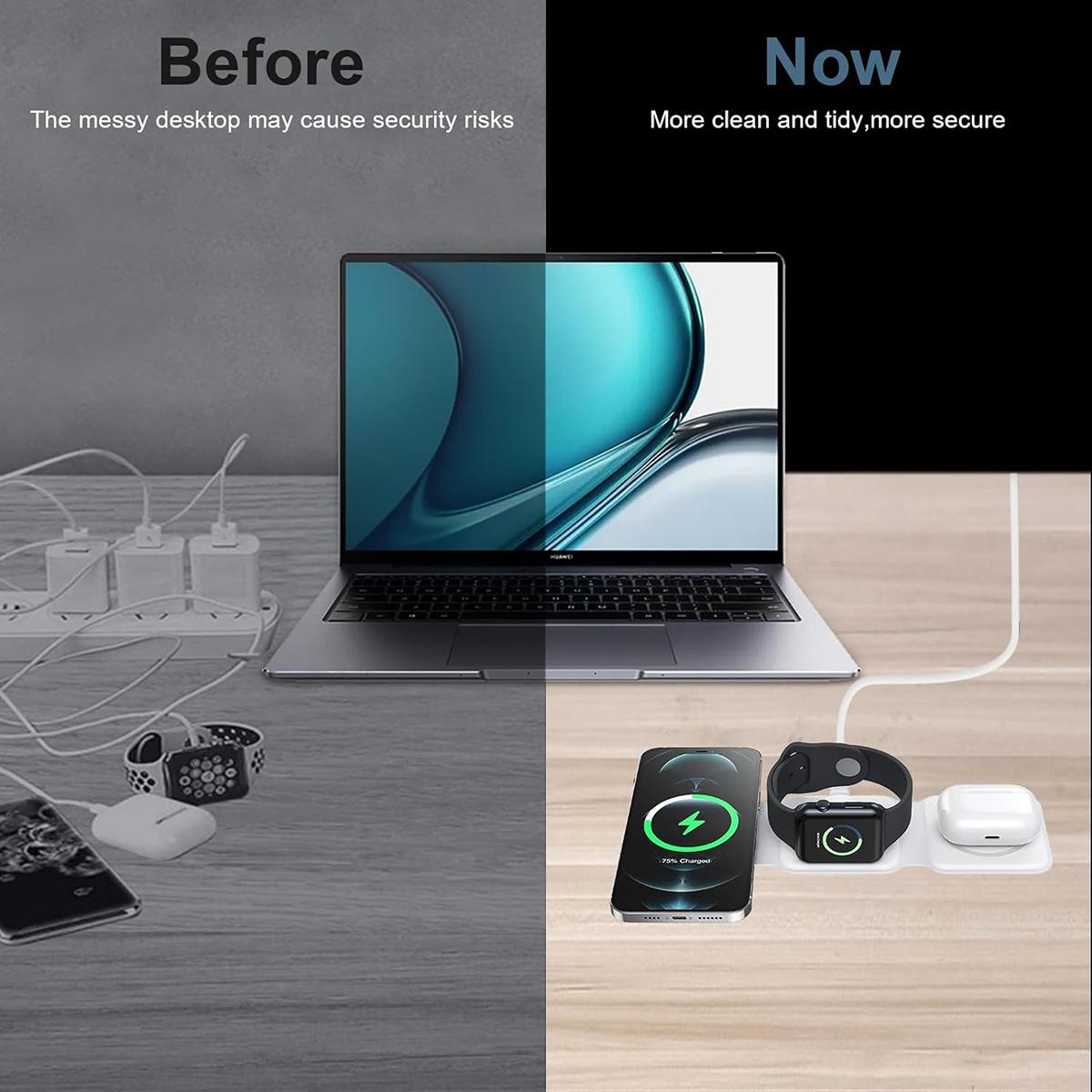 3 in 1 Foldable Wireless Charger, Magnetic Fast Wireless Charging, Compatible with iPhone 16 15 14 13 12 Series,  For Apple Watch, For AirPods Pro (Adapter not Included)