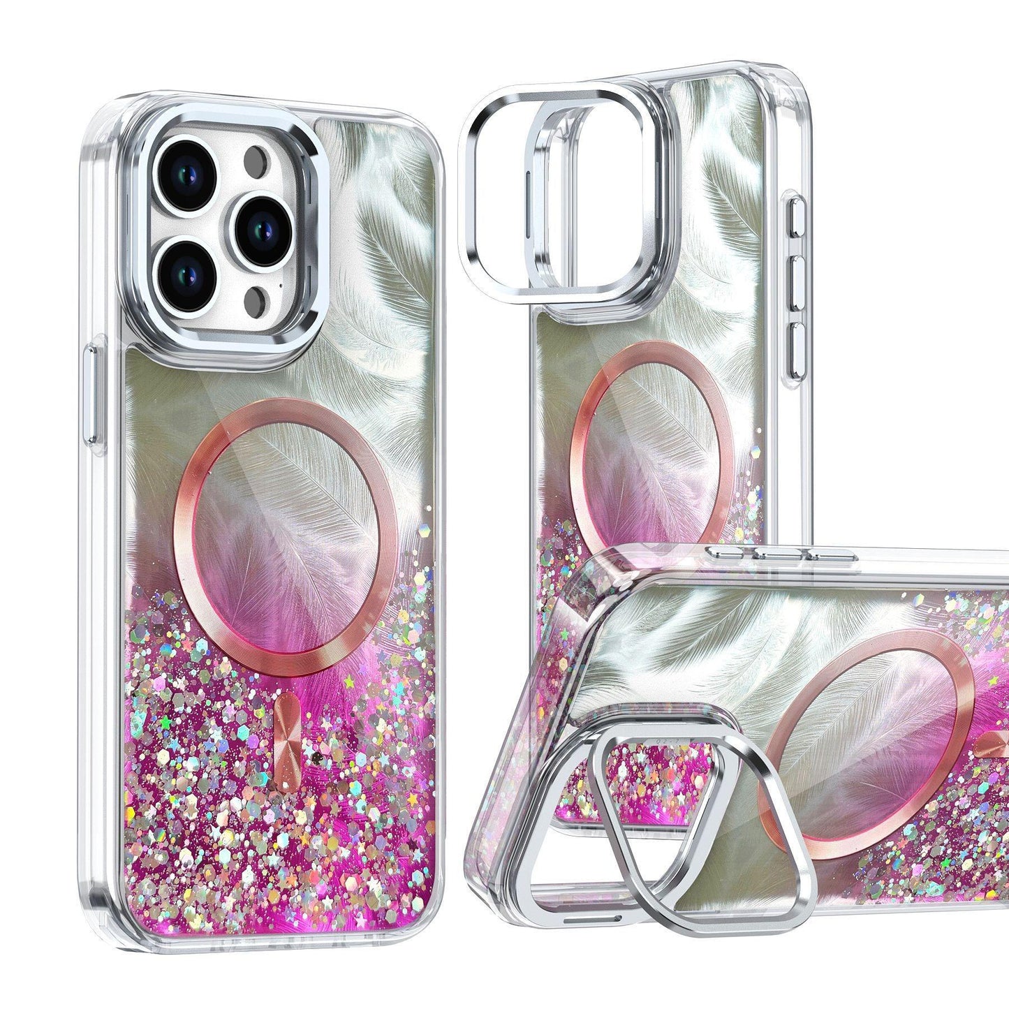 Glitter Epoxy Feather Pattern Strong Magnetic For Magsafe Wireless Charging Phone Case For iPhone 16 15 14 13 12 11 Pro Max Plus Metal Frame TPU Acrylic Shockproof Hard Full Cover