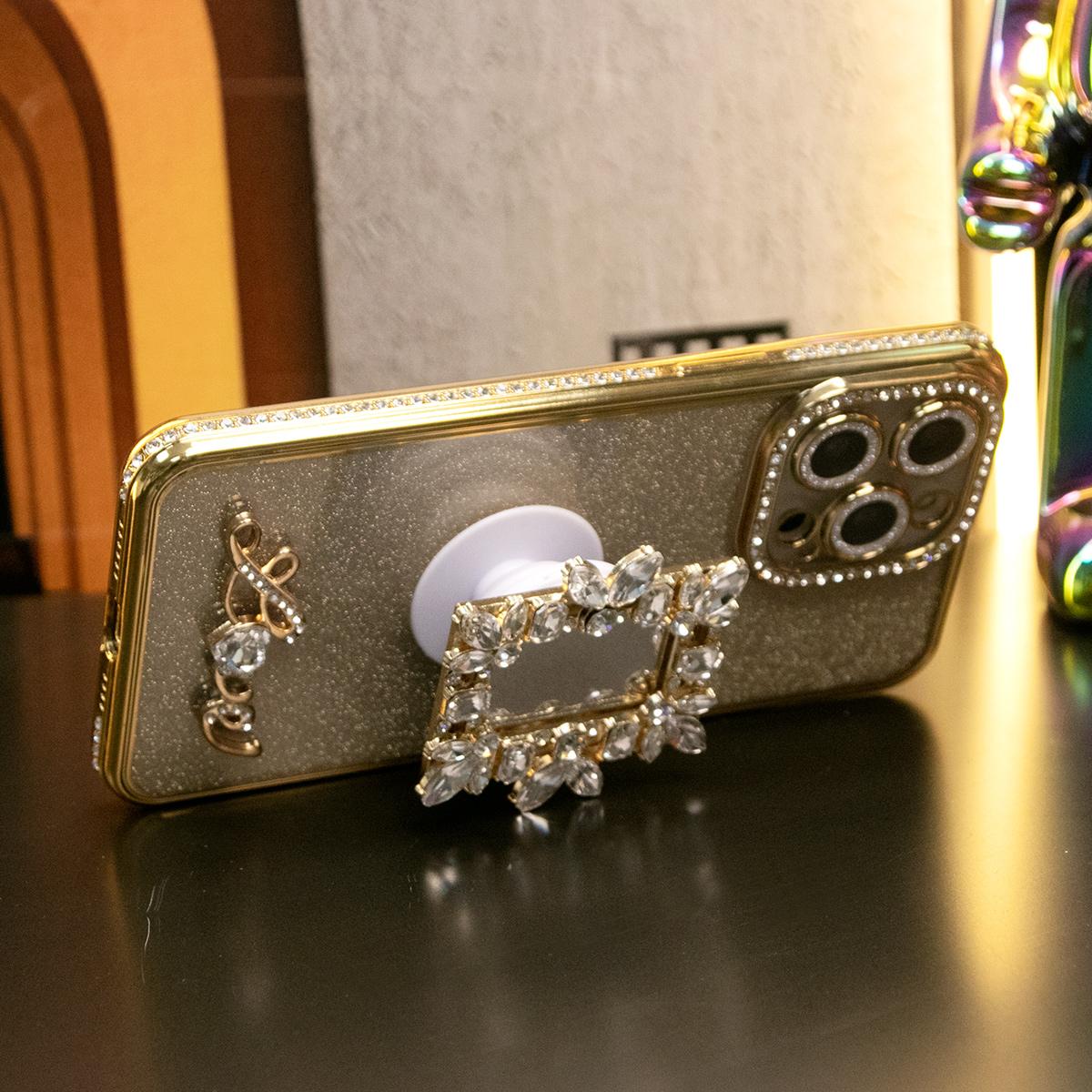 Plating Glitter Diamond Rhinestone Mirror Kickstand Love Phone Case For iPhone 16 15 14 13 12 11 Pro Max