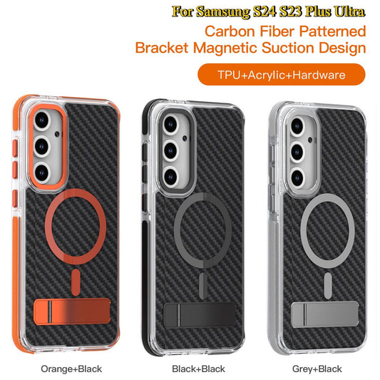 For Samsung S24 S23 Plus Ultra Phone Case, Premium Strong Magnetic Carbon Fiber Metal Bracket Acrylic Clear Shockproof Anti-Fall Bumper for Magsafe Non-Yellowing Hard Full