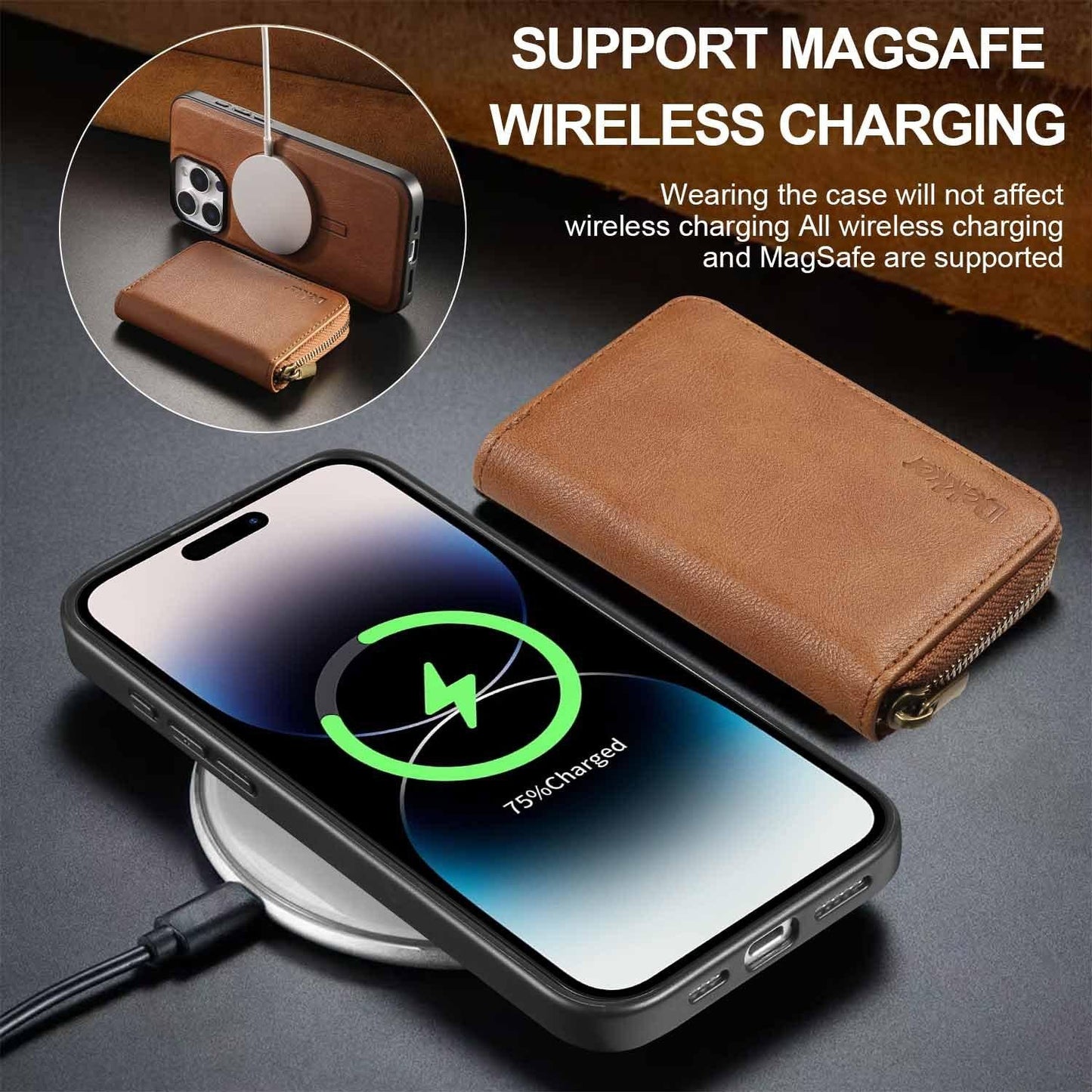 For iPhone 16ProMax 16 15 14 13 12 Leather Phone Case with Strong Magnetic Wallet, Anti-Fall Card Bag Kickstand for Magsafe Shockproof Business Hard Full Cover