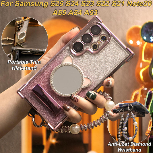 Gradient Plating Four Corners Cat Mirror Thin Kickstand Case with Pearl Diamond Wristband for Samsung S25Ultra S25 S24 S23 S22 S21 Note20 A53 A54 A55 Hard Acrylic Bumper Full Cover