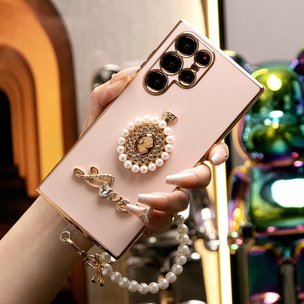 Pearl Perfume Bottle Plus Pearl Chain Plating Phone Case For Samsung S24Ultra S24FE S23 S22 S21 FE Plus Ultra Note 20