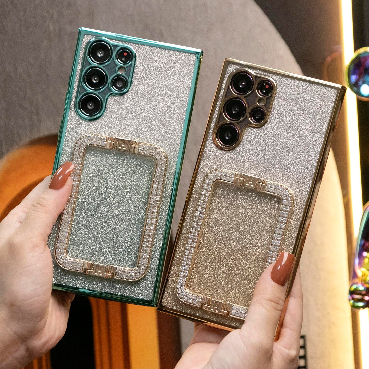 Luxury Diamond 3D Crystal Square Holder Glitter Clear Gradient TPU Plating Shockproof Soft Phone Case For Samsung S24Ultra S24FE S24 S23 S22 S21 FE Plus Ultra