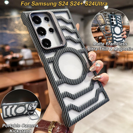 For Samsung S24Ultra S24Plus S24 Phone Case with Metal Camera Kickstand, Hollow Out Carbon Fiber Matte Cooling Magnetic PC Frameless Ultra Slim, Protection Soft Cover